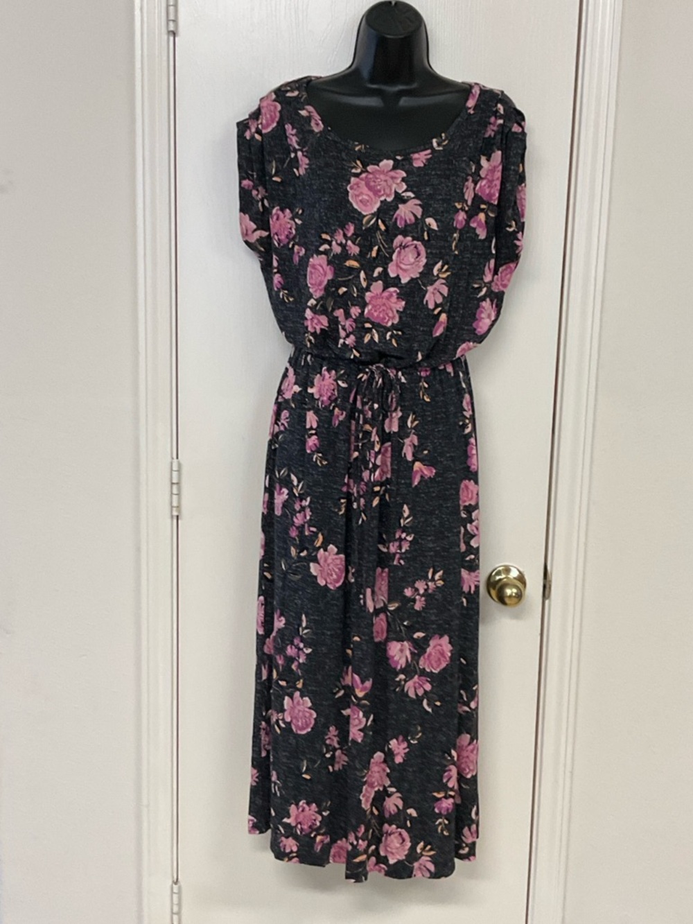 Maurices Black Maxi Dress with Pink Floral Print and Waist Tie